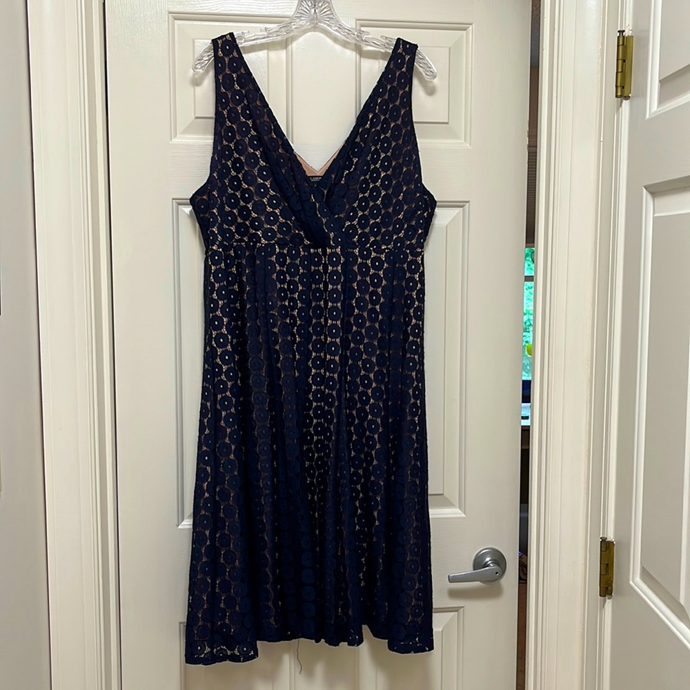 Glamour navy blue and nude dress.